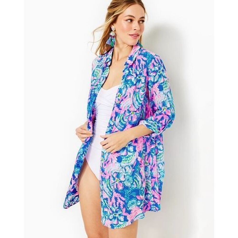 Lilly Pulitzer Natalie Shirtdress Cover-Up Blue Tang Sitting Seaside size XL